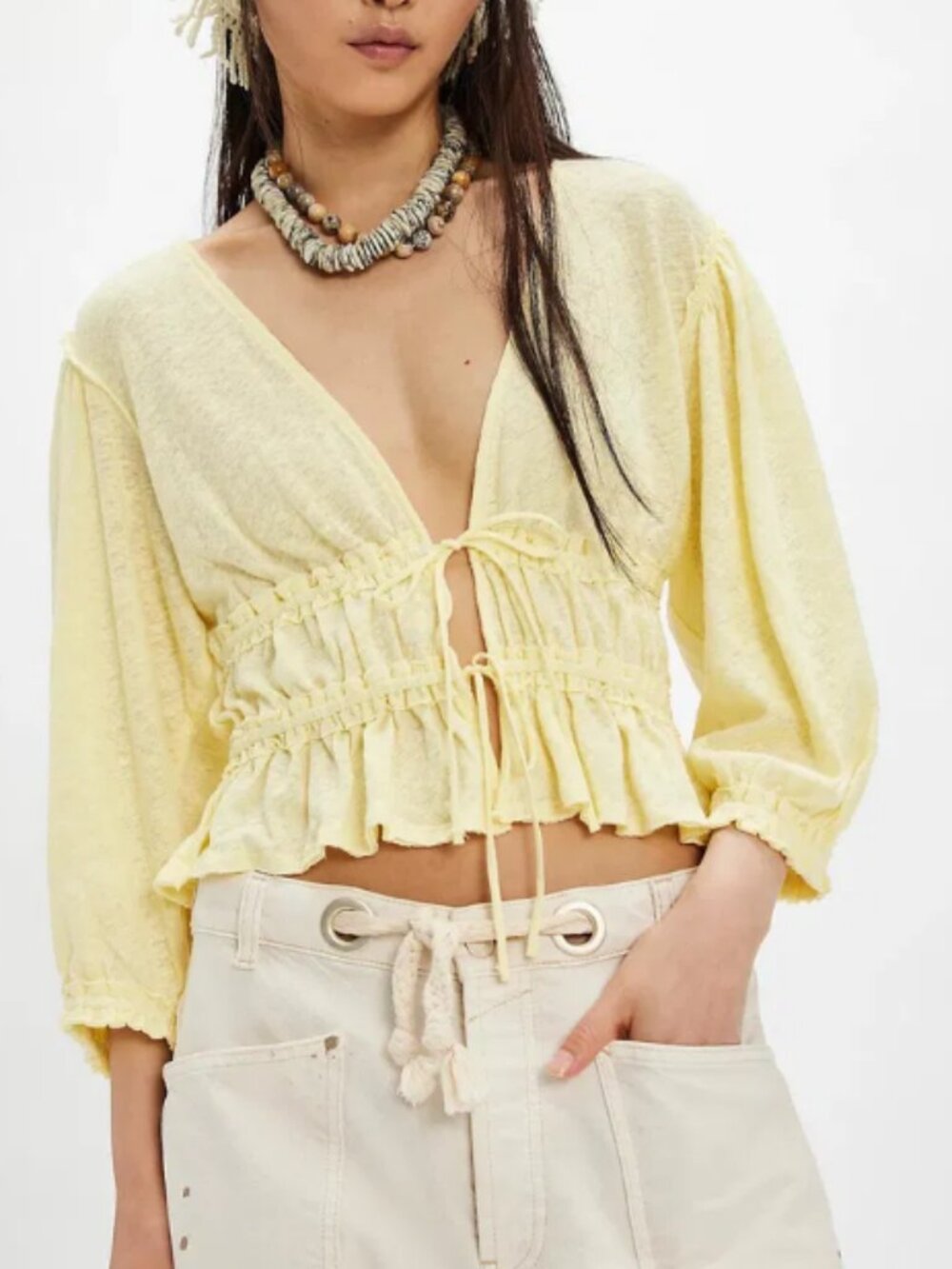 NWT Free People Let's Go Blouse Cotton Linen Summertime Lemonade Size L